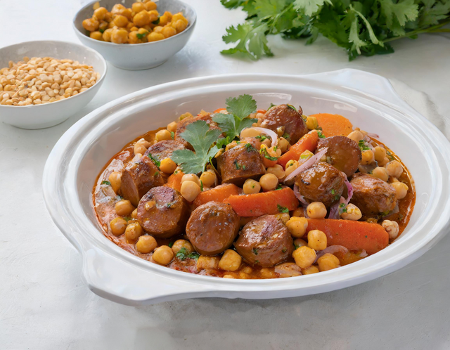 Moroccan Lamb Sausage Tagine with Chickpeas
