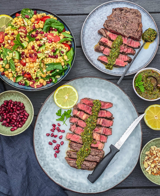 BBQ Steak with Chermoula and a Pearl Couscous Salad