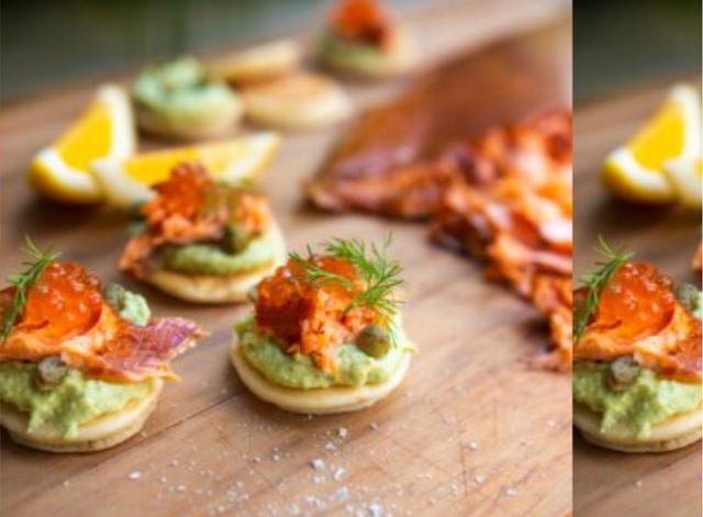 Salmon blinis with avocado crème fraîche