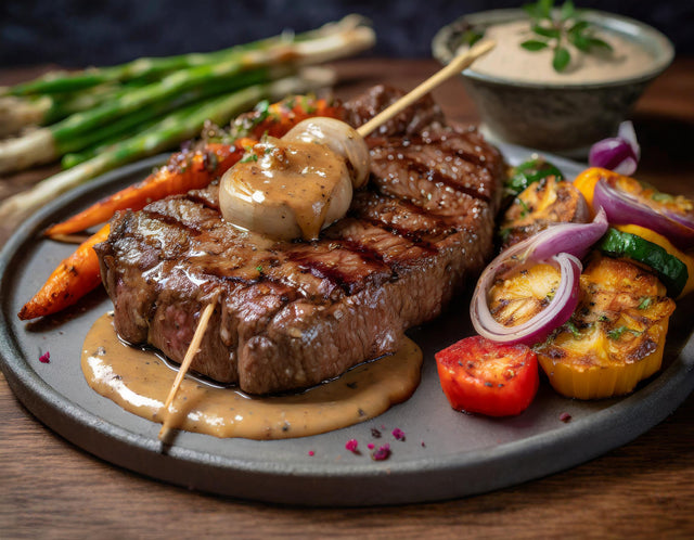 Jimmy Neeshams Steak with Mushroom Sauce and Vegetable Kebabs