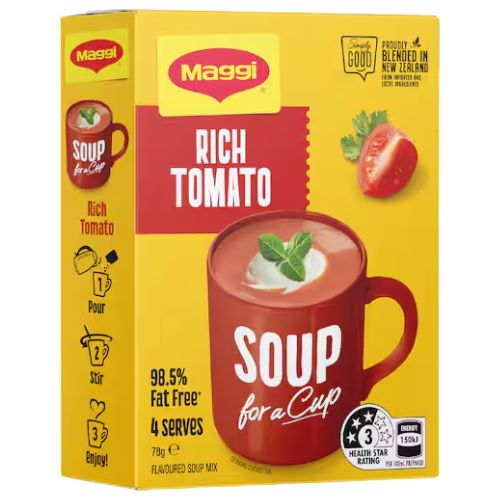 Maggi Soup For A Cup Rich Tomato 4 Pack- Beautiful selection of fresh cut meat delivered overnight by your favourite online butcher - The Meat Box, We specialise in delivering the best cuts straight to your door across New Zealand. | Meat Delivery | NZ Online Meat